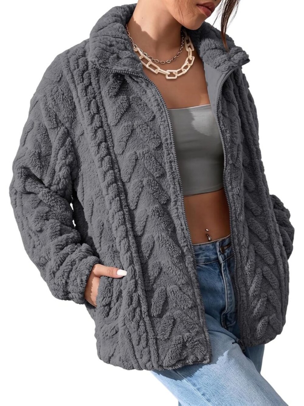 Winter Fleece Jacket for Women 2026 Zipper Casual Coat with Pockets